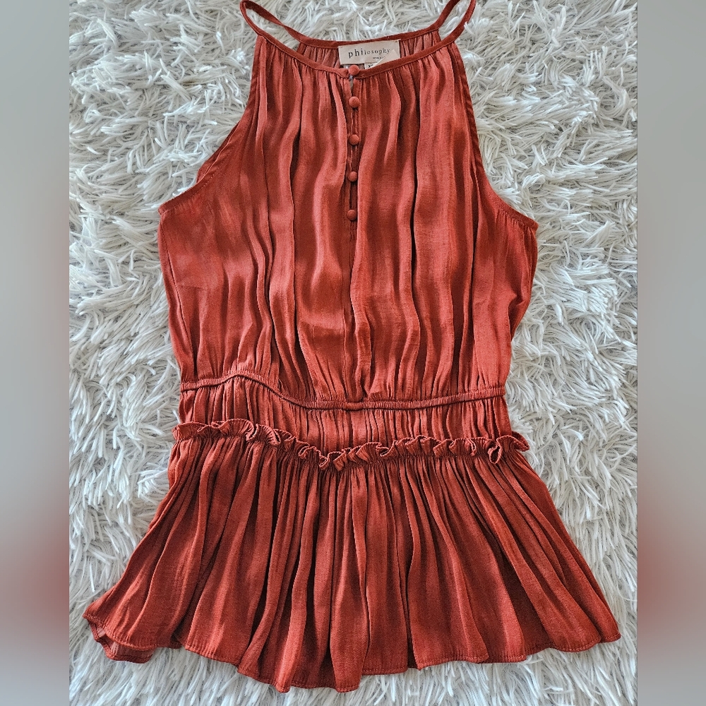 NWT Philosophy Runched Waist Silky Blouse Top Sleeveless Button Rust Womens XS